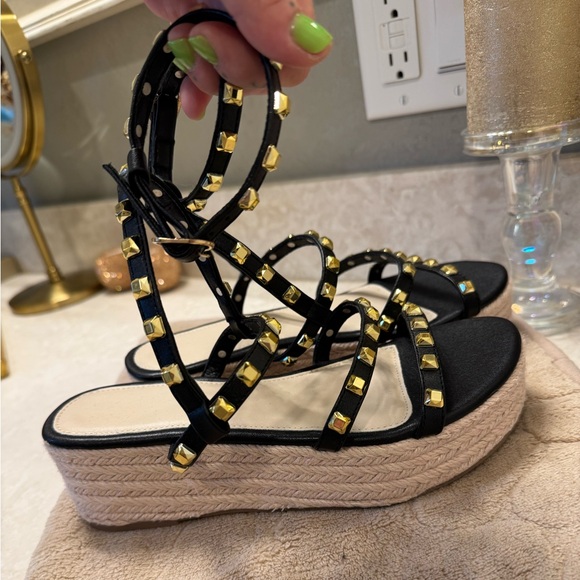 Rockstar gold stud gladiator platform  black espadrille punk goddess size 6 - Picture 10 of 15